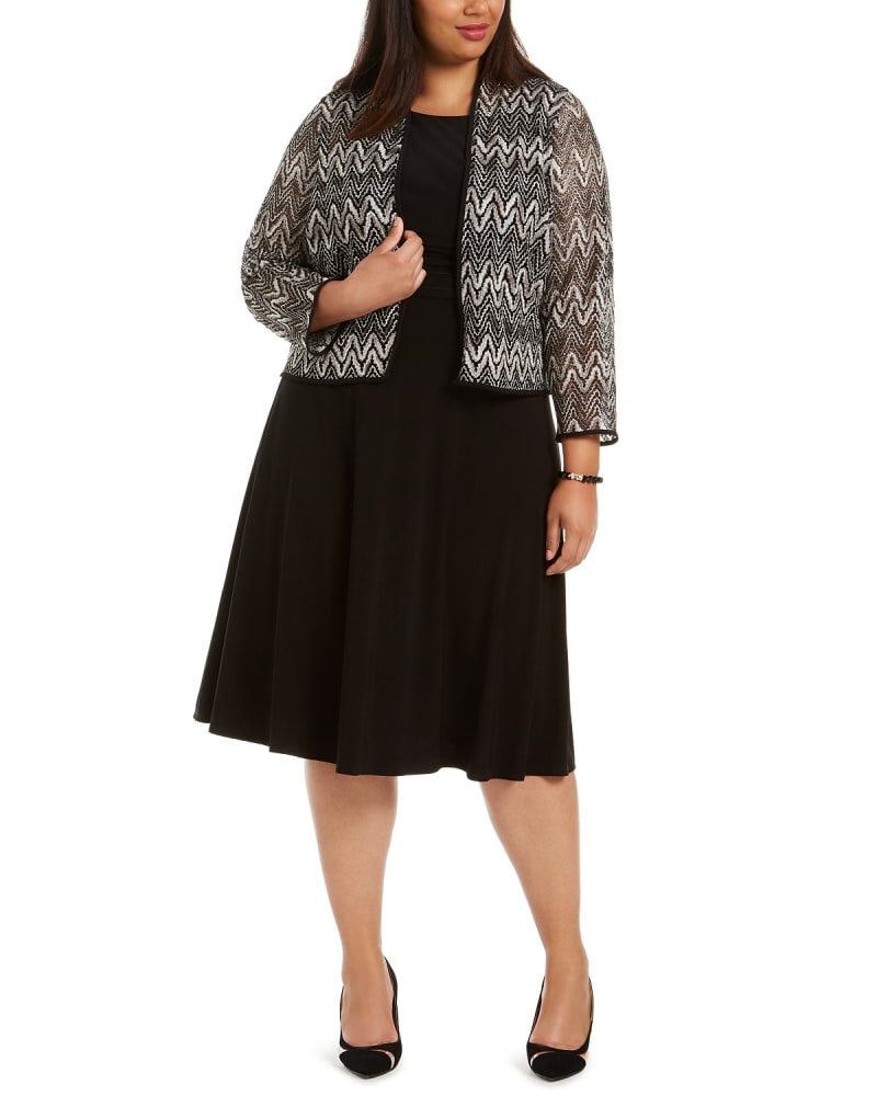 Front of a model wearing a size 16W Jessica Howard Women's Plus Size Midi Dress & Chevron Lace Jacket Gray Size 16W in Gray by Jessica Howard. | dia_product_style_image_id:312833